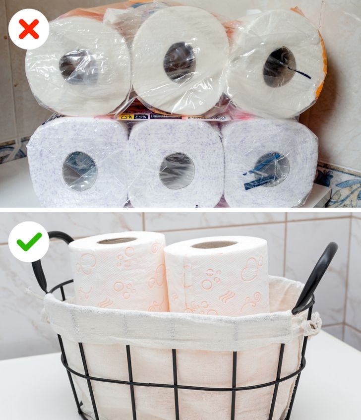 Giấy vệ sinh đóng gói: Những gói giấy vệ sinh mở và rách, để mọi người nhìn thấy sẽ không giúp phòng tắm của bạn trông đẹp mắt. Nếu bạn không có nơi đặc biệt để lưu trữ giấy vệ sinh, hãy tháo bao bì và cất các cuộn trong hộp đựng, giỏ hoặc trên giá đỡ đặc biệt. Nó sẽ trông khá đẹp.