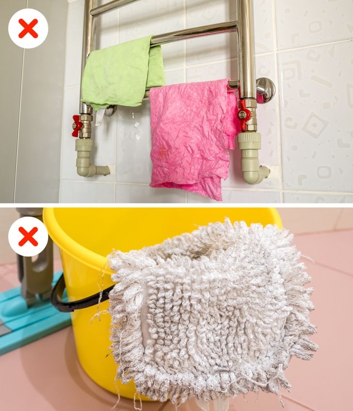 Giẻ treo trên giá hoặc xô đựng khăn: Không nghi ngờ gì nữa, việc làm khô giẻ lau trong nhà là quan trọng và cần thiết, nhưng giữ chúng theo cách này thường xuyên không phải là một ý kiến ​​hay. Khi chúng đã khô hoàn toàn, hãy nhớ để chúng tránh xa tầm nhìn và cất chúng vào tủ hoặc hộp đựng riêng.