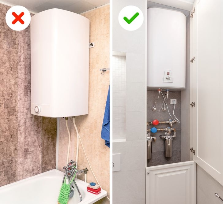Bình nước nóng: Một bình nước nóng chắc chắn sẽ không tạo thêm sự thoải mái cho phòng tắm của bạn. Mặc dù thiết bị này là cần thiết, nó nên được ẩn đi. Nó không chỉ làm lộn xộn không gian của bạn và lấp ló trên cao một cách đáng sợ, mà còn mang lại cảm giác như đang ở trong một phòng kỹ thuật. Bạn có thể đặt bình nước nóng ở một nơi tách biệt bằng cách sử dụng rèm che, hốc tường, tủ âm tường hoặc các cấu trúc khác.