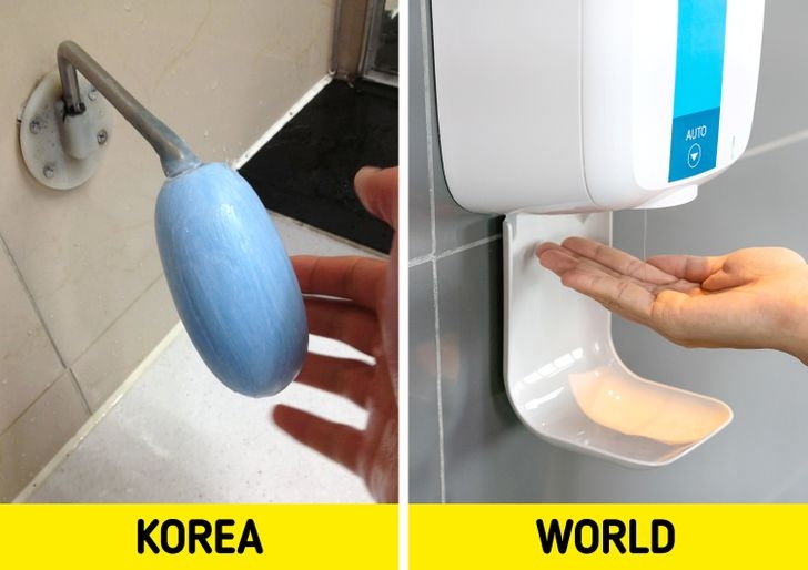Trong các toilet tại Hàn Quốc, bạn có thể bắt gặp bánh xà phòng rửa tay được bố trí thay vì lọ dung dịch sát khuẩn.
