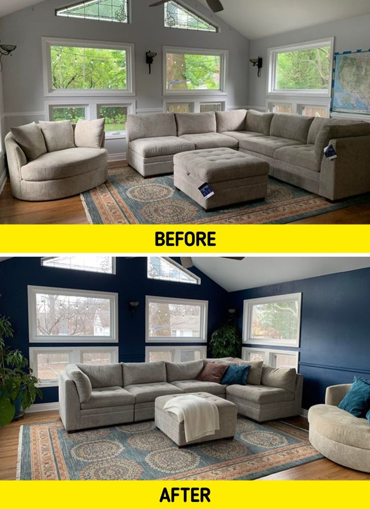 Màu sơn tường và bộ ghế sofa ở tấm hình 1 hòa lẫn với nhau khiến căn phòng tẻ nhạt. Sau khi được thay đổi diện mạo, căn phòng đã đầy sức sống.