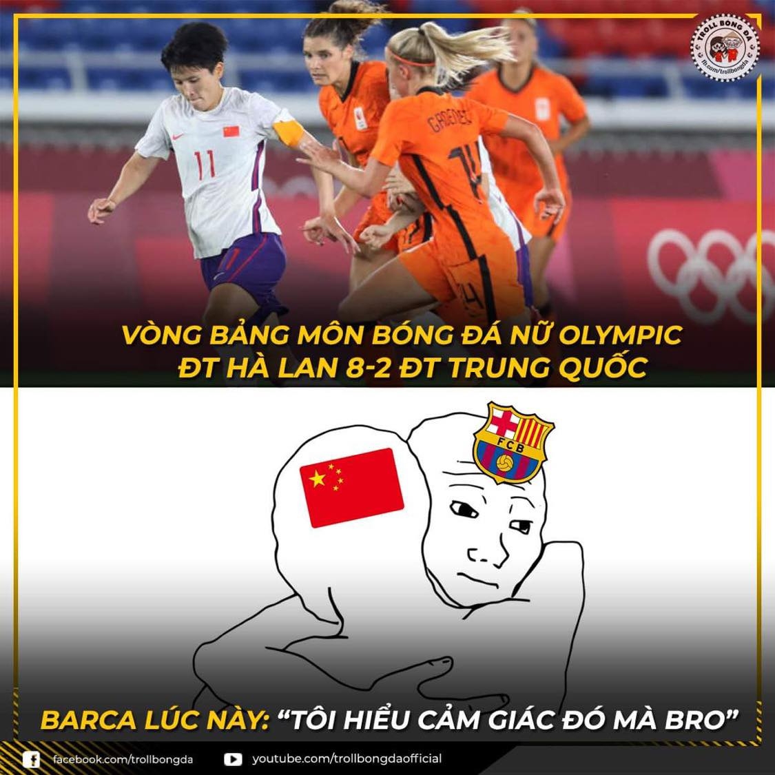  ĐT nữ Trung Quốc chịu chung "số phận" với Arsenal và Barca. (Ảnh: Troll bóng đá). 