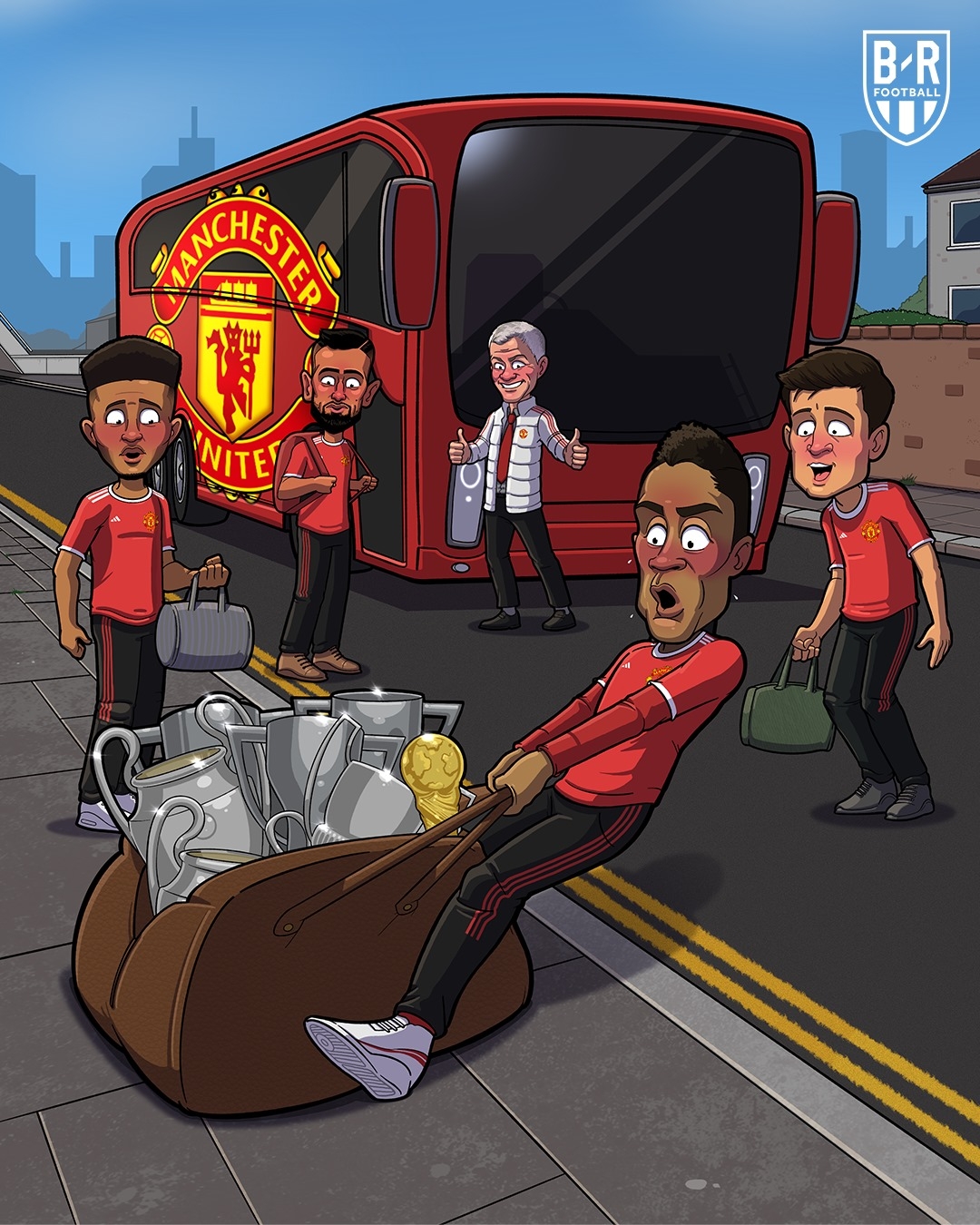 Varane mang cúp đến "trình diện" MU (Ảnh: Bleacher Reports). 