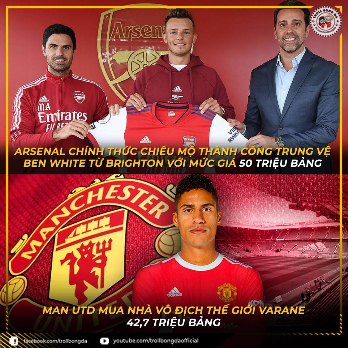 Đẳng cấp chênh lệch giữa MU và Arsenal trên thị trường chuyển nhượng. (Ảnh: Troll Bóng Đá)