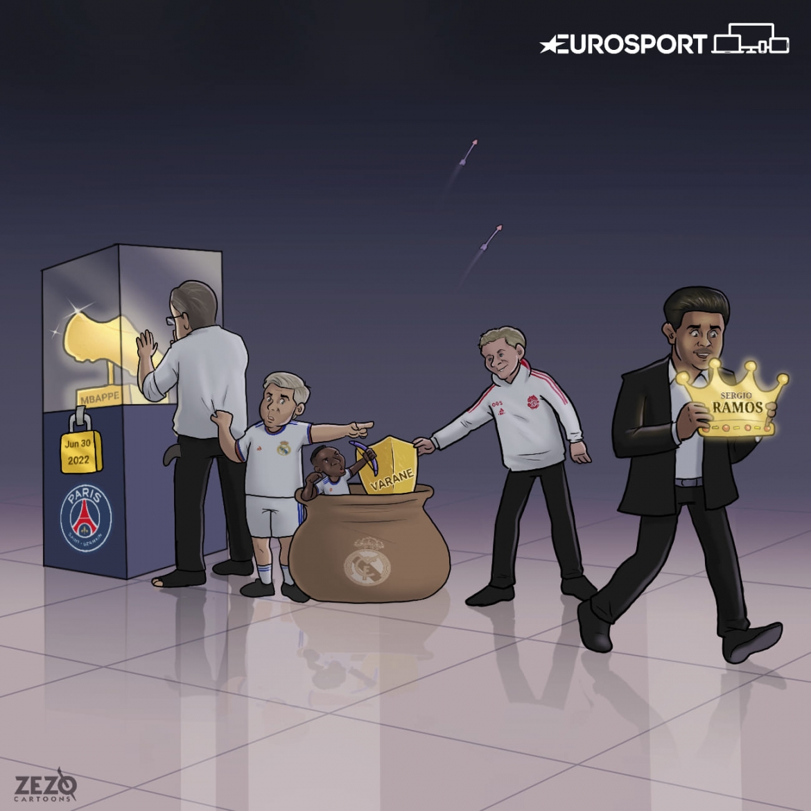 Real Madrid mải mê theo đuổi Kylian Mbappe và cái kết. (Ảnh: ZEZO Cartoons)
