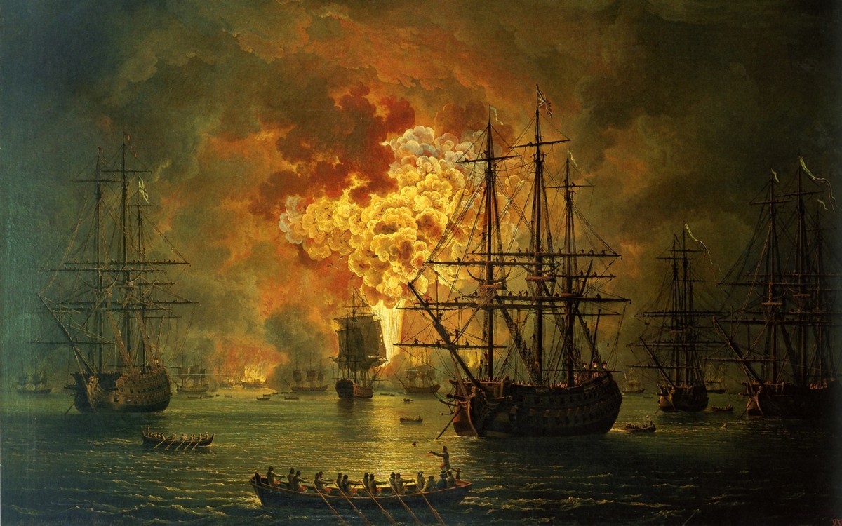 Hình ảnh hạm đội Ottoman bị phá hủy trong trận hải chiến Chesme. Tranh: Jacob Philipp Hackert.