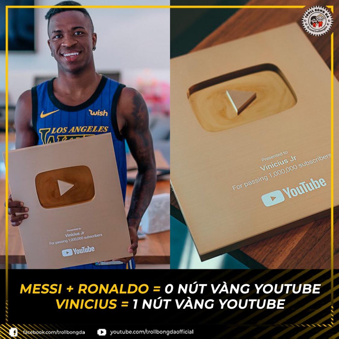 Vinicius có vinh dự mà Messi cùng Ronaldo không có. (Ảnh: Troll bóng đá). 