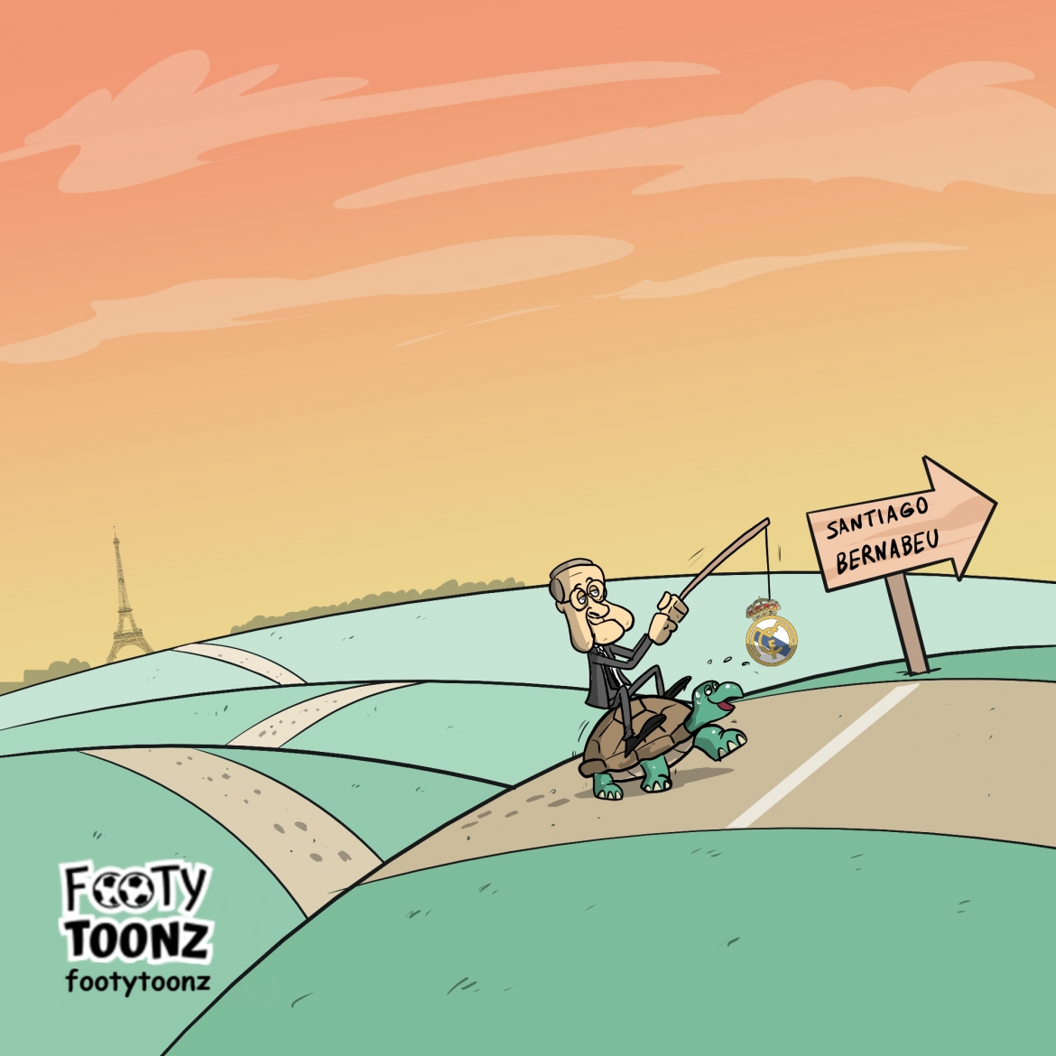 "Ninja rùa" Mbappe sẽ cập bến Real Madrid? (Ảnh: Footy Toonz)./. 