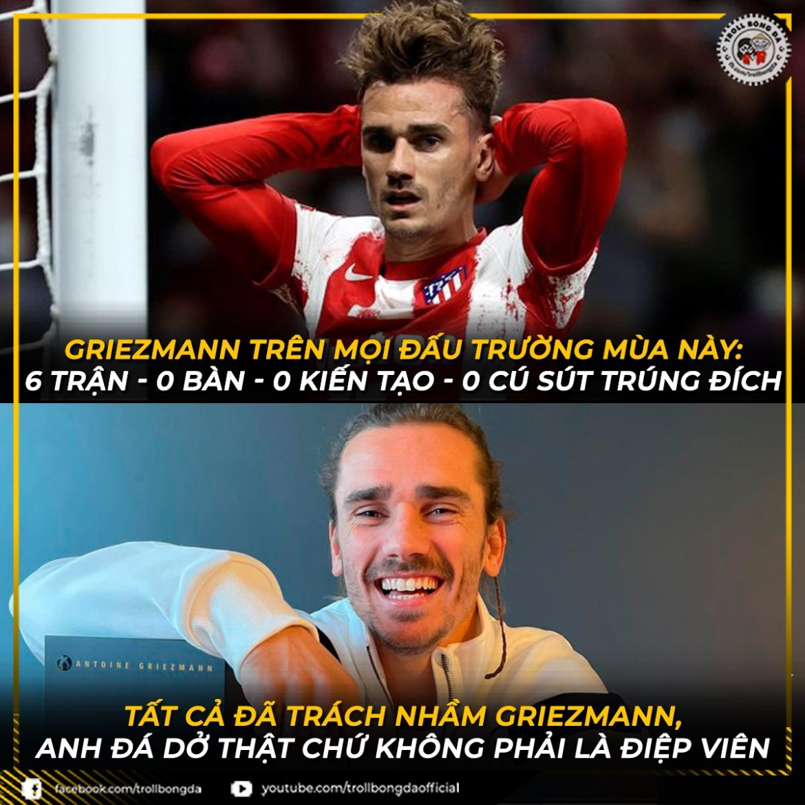 Griezmann trình diễn phong độ tệ hại khi trở lại Atletico. (Ảnh: Troll Bóng đá). 