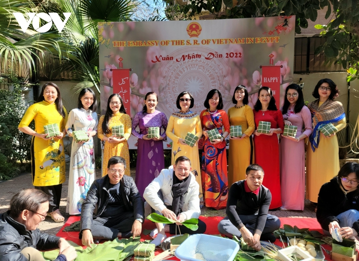 Ambassador Tran Thanh Cong (centre in the front line) joins with his wife to pose for a group photo alongside  Overseas Vietnamese community representatives in Egypt.