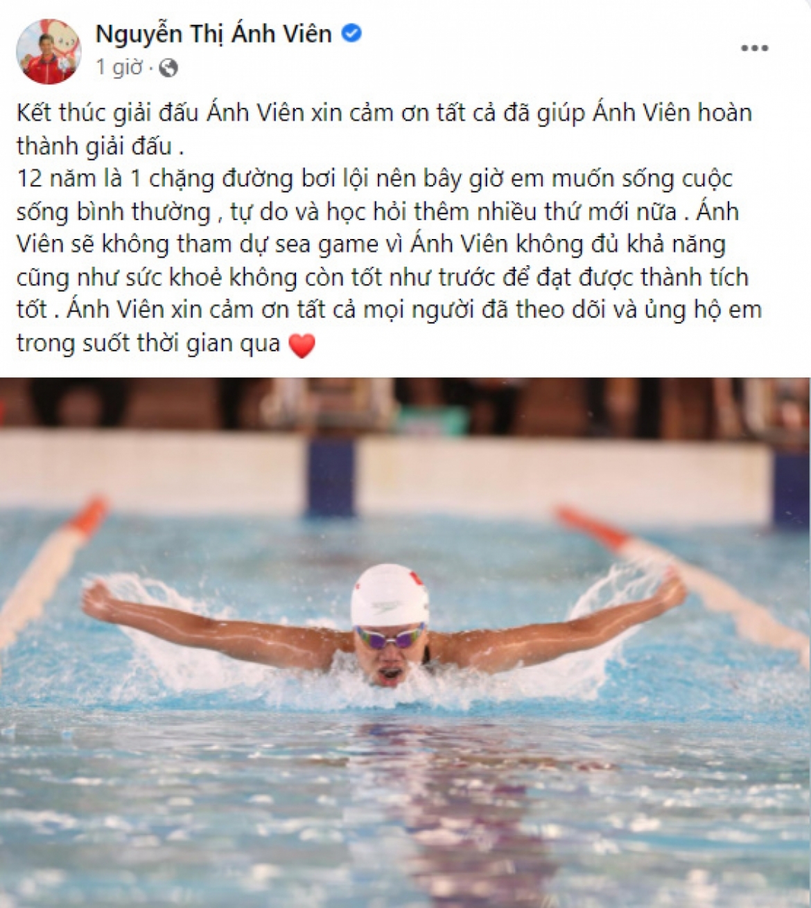 Ánh Viên thông báo quyết định không thi đấu tại SEA Games 31 trên trang cá nhân.
