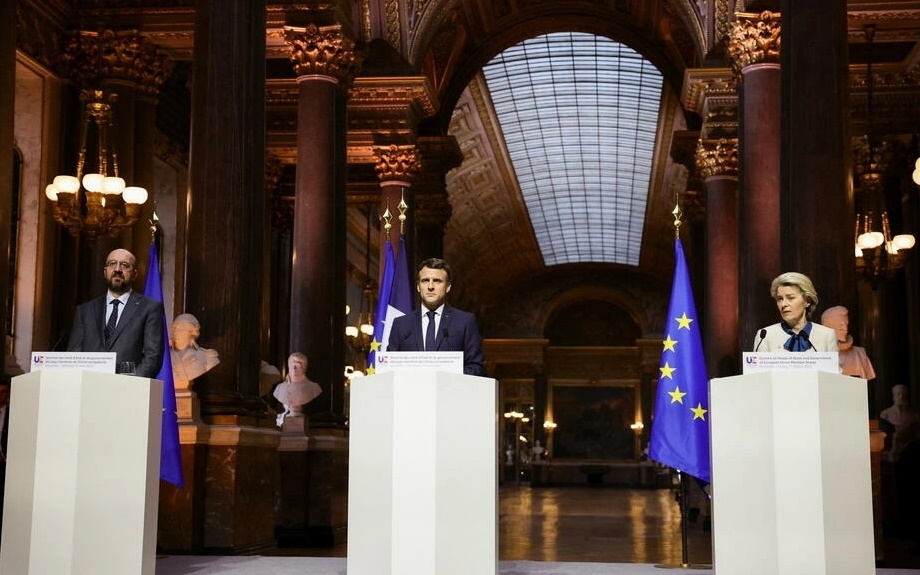 Họp báo của một số lãnh đạo EU sau Thượng đỉnh Versailles. Ảnh: Reuters.