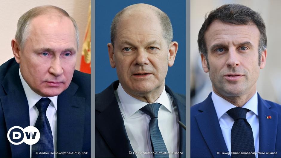 Tổng thống Nga Vladimir Putin, Thủ tướng Đức Olaf Scholz và Tổng thống Pháp Emmanuel Macron. Ảnh: DW