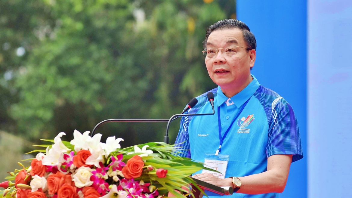 Ông Chu Ngọc Anh, Chủ tịch Ủy ban nhân dân Thành phố, Trưởng Ban Chỉ đạo Đại hội Thể thao Đông Nam Á lần thứ 31 thành phố Hà Nội phát biểu tại buổi lễ.