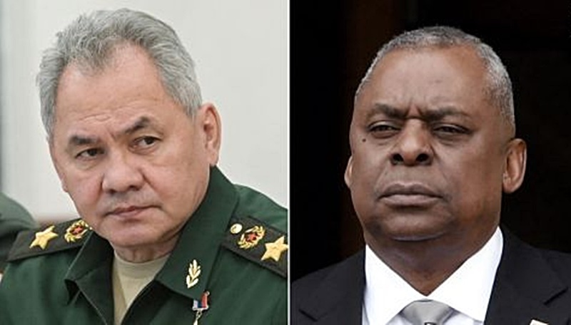 Bộ trưởng Quốc phòng Nga Shoigu (trái) và Bộ trưởng Quốc phòng Mỹ Austin. Ảnh: AFP.