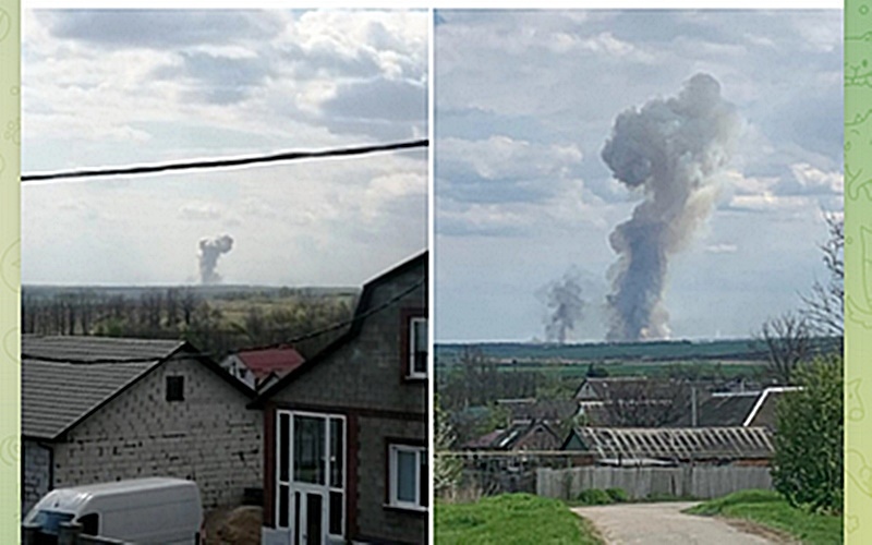 Hình ảnh về vụ cháy cơ sở quân sự Nga hôm 1/5. Ảnh: Telegram.