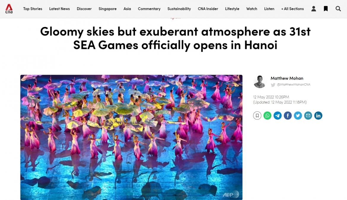 Kênh CNA của Singapore ấn tượng khi Lễ khai mạc SEA Games 31 đã diễn ra đầy nhiệt huyết dù thời tiết không thuận lợi.