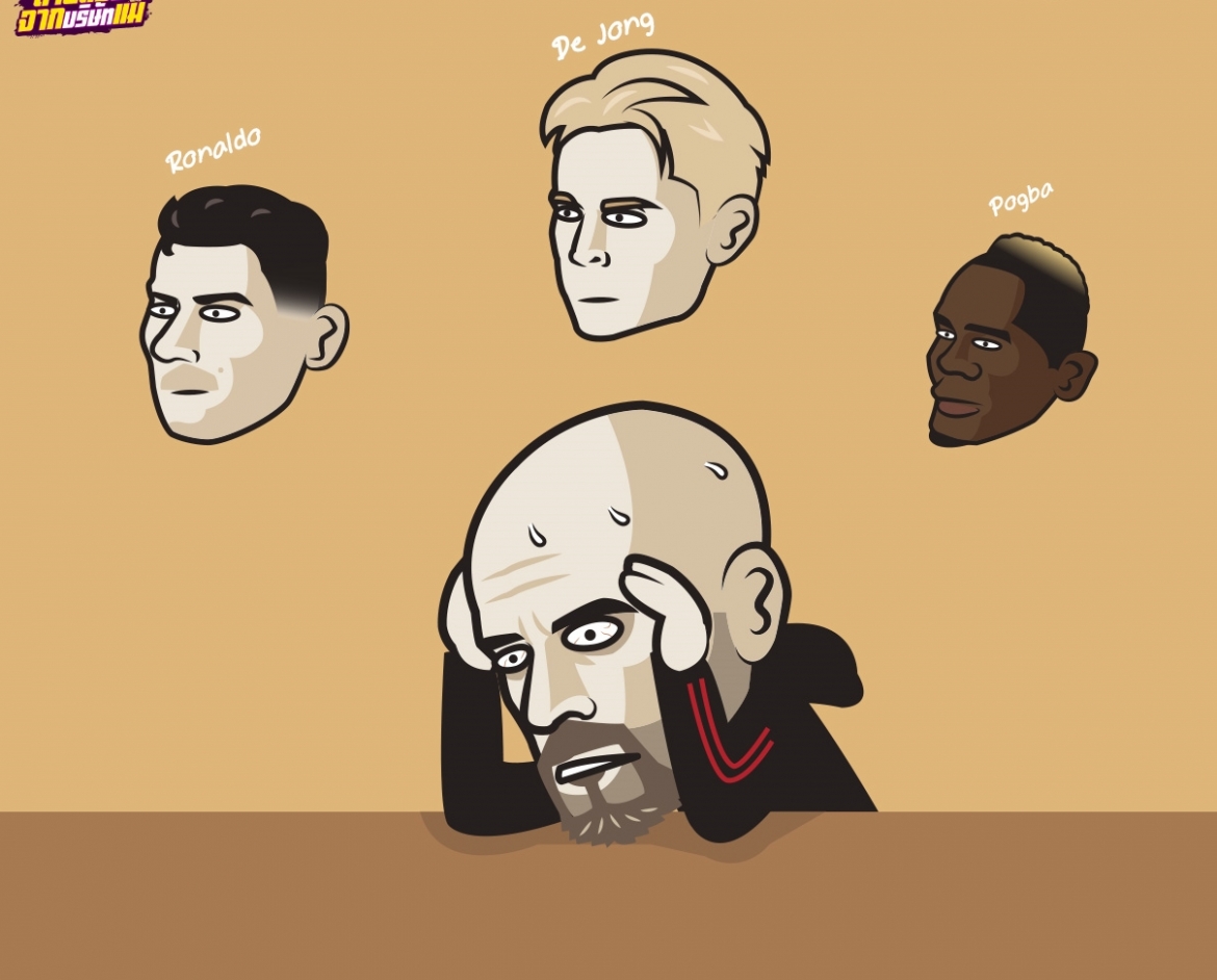 Erik Ten Hag "méo mặt" vì tình hình chuyển nhượng của MU. (Ảnh: Just Toon It)