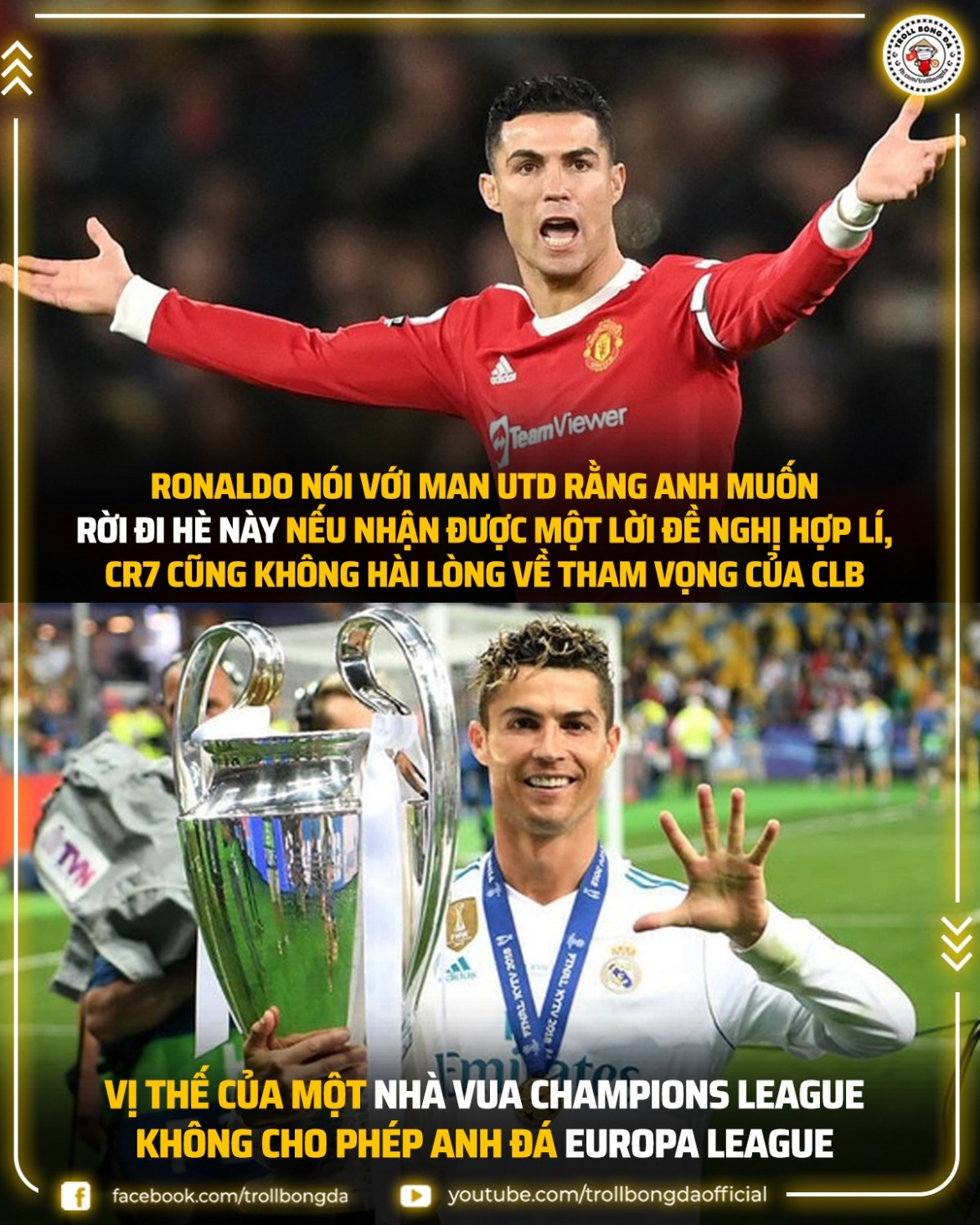Cristiano Ronaldo đòi rời MU. (Ảnh: Troll Bóng Đá)