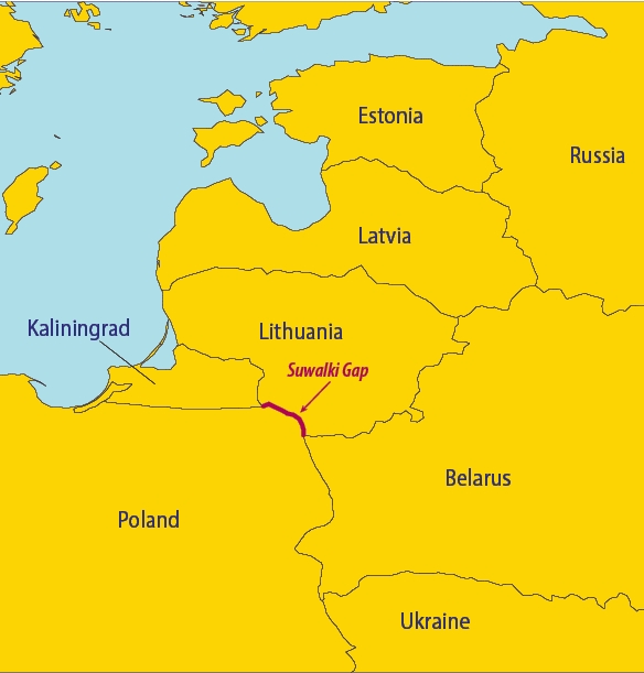Hành lang Suwalki (đường màu đỏ) là dải đất chạy dọc theo biên giới Ba Lan-Lithuania và bị kẹp giữa Belarus với phần lãnh thổ Kaliningrad của Nga. (Nguồn: US Army)