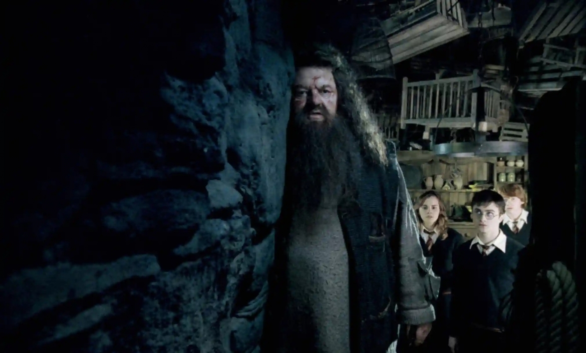 Cảnh trong phim "Harry Potter và Hội Phượng Hoàng" (2007), phía sau Robbie Coltrane là bộ ba Emma Watson, Daniel Radcliffe và Rupert Grint. Nguồn: Warner Bros