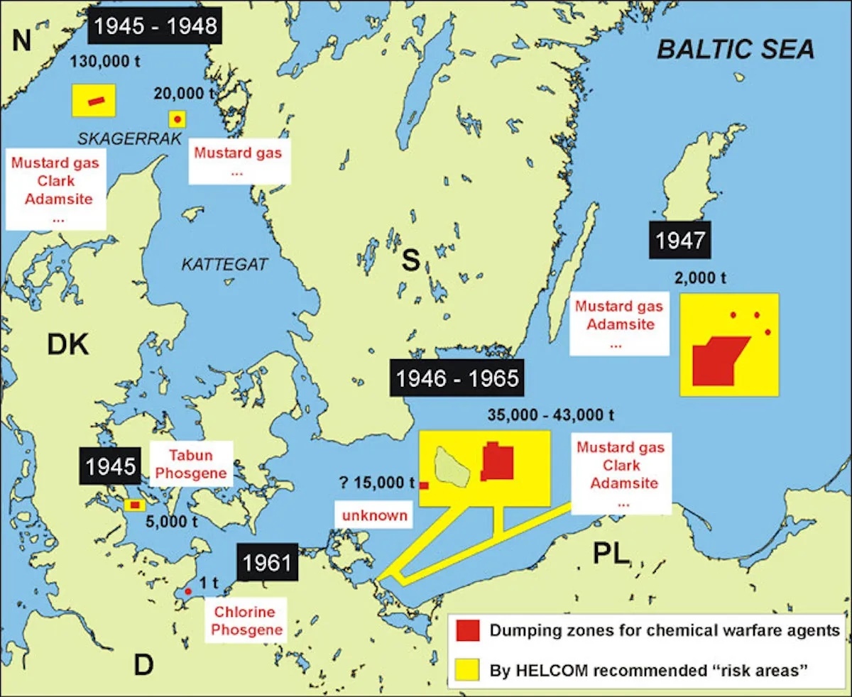 Các địa điểm vứt bỏ vũ khí hóa học ở Biển Baltic. Ảnh: Coastal Wiki.