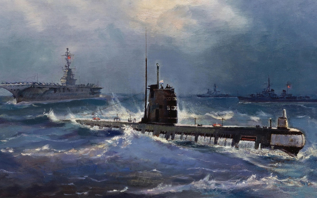 Tàu ngầm Liên Xô B-59 khi trồi lên mặt biển đã bị các tàu hải quân Mỹ bao vây. Tranh: Viện Hải quân Mỹ.