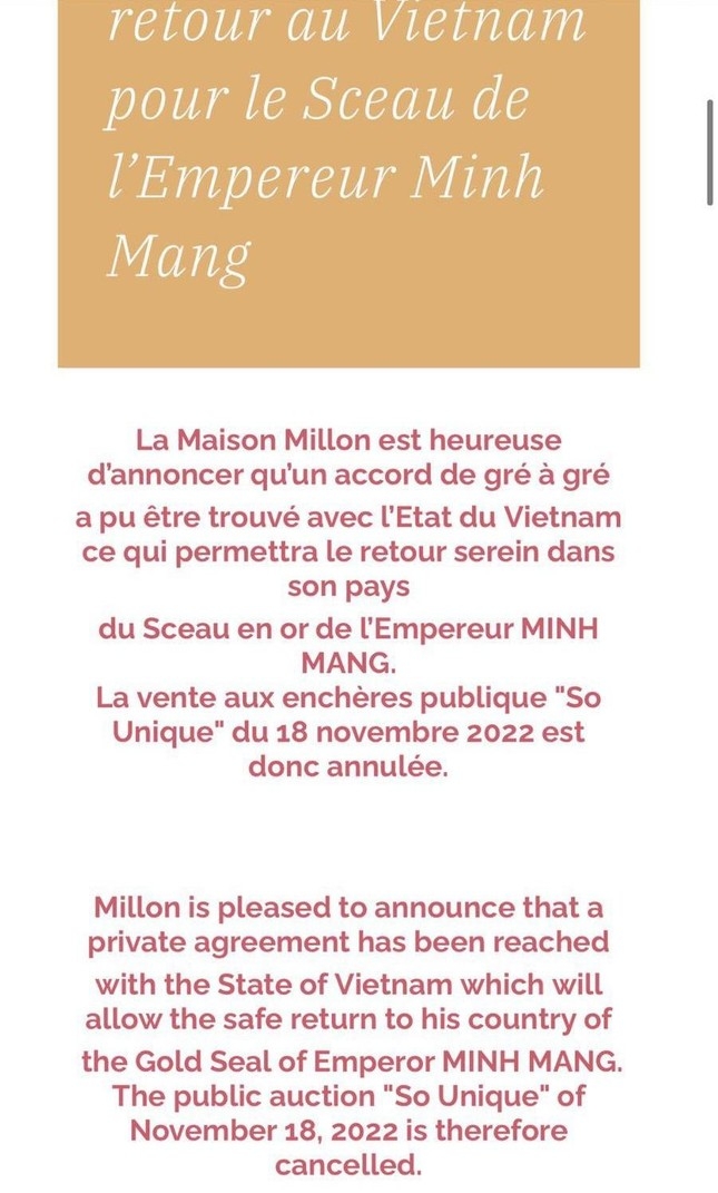 Thông báo hủy đấu giá trực tiếp ấn vàng. Ảnh: Millon.