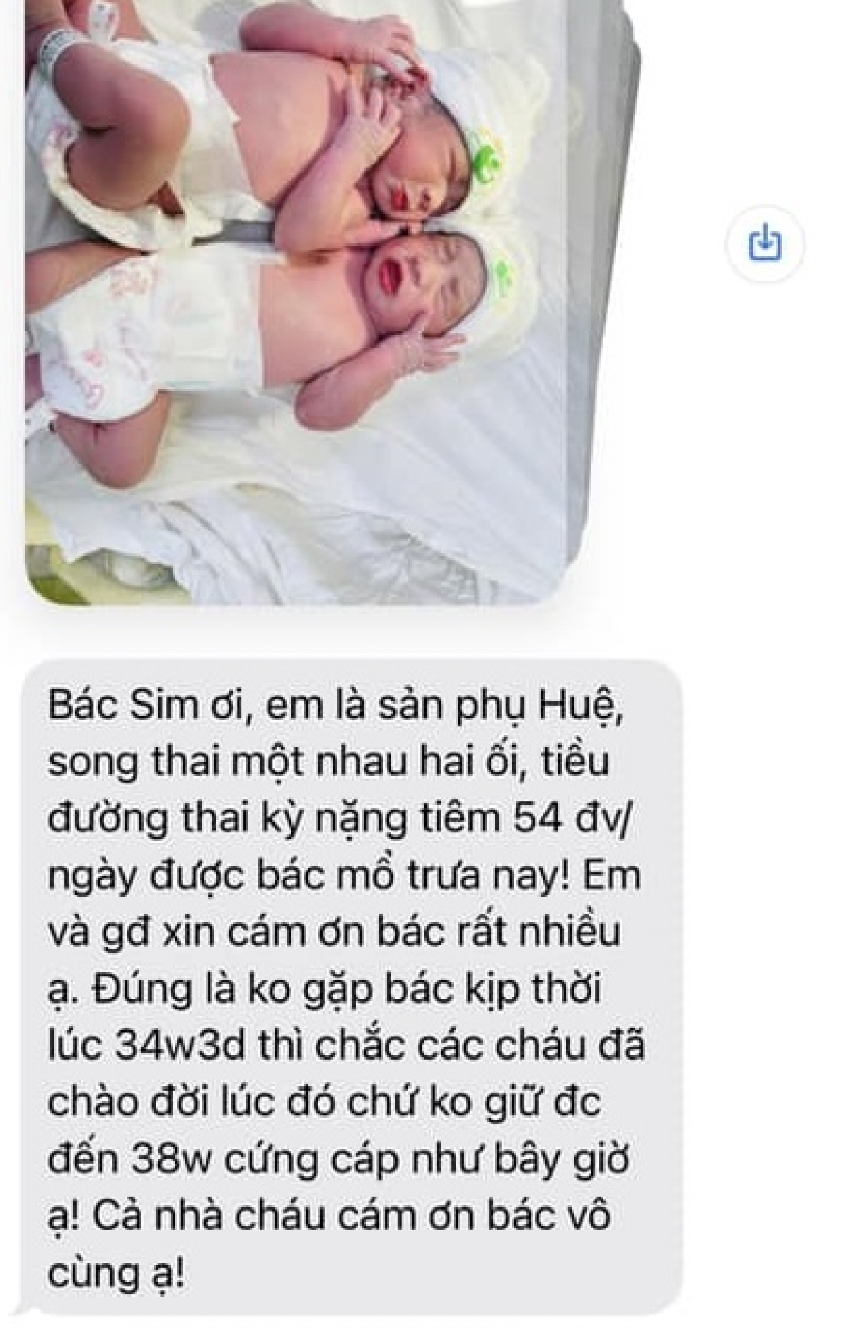 Tin nhắn cám ơn từ sản phụ tới BS Sim. (Ảnh do nhân vật cung cấp)