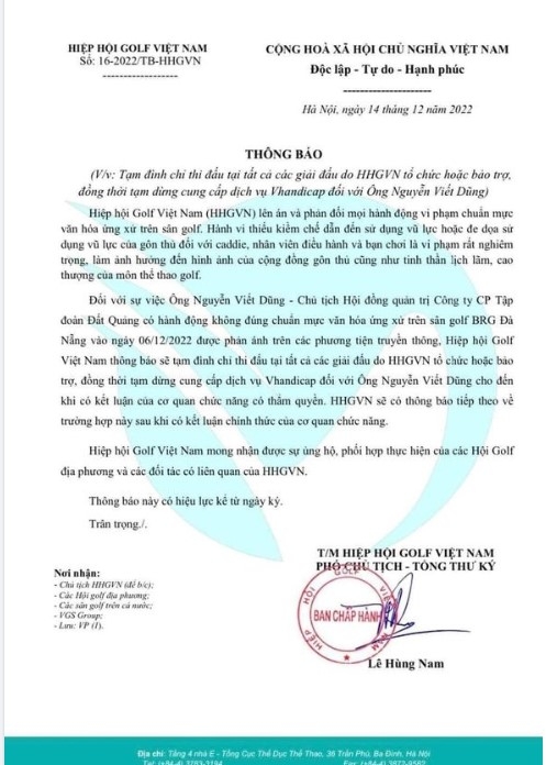 Thông báo của Hiệp hội Golf Việt Nam