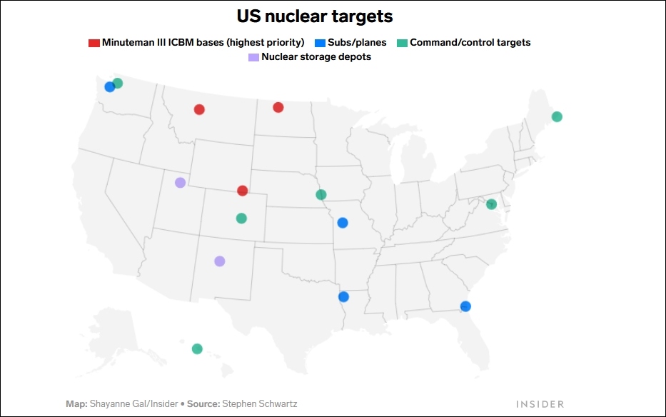 Các mục tiêu hạt nhân trên đất Mỹ (các chấm màu). Nguồn: Schwartz; Đồ họa: Business Insider.