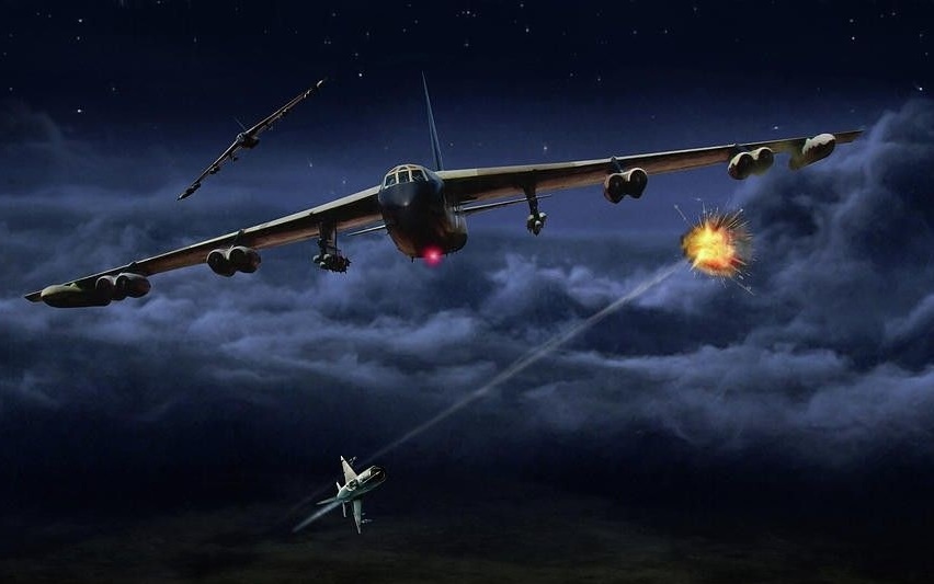 Oanh tạc cơ chiến lược B-52 của Mỹ (giữa hình) trên bầu trời Việt Nam. Tranh minh họa: Pinterest.