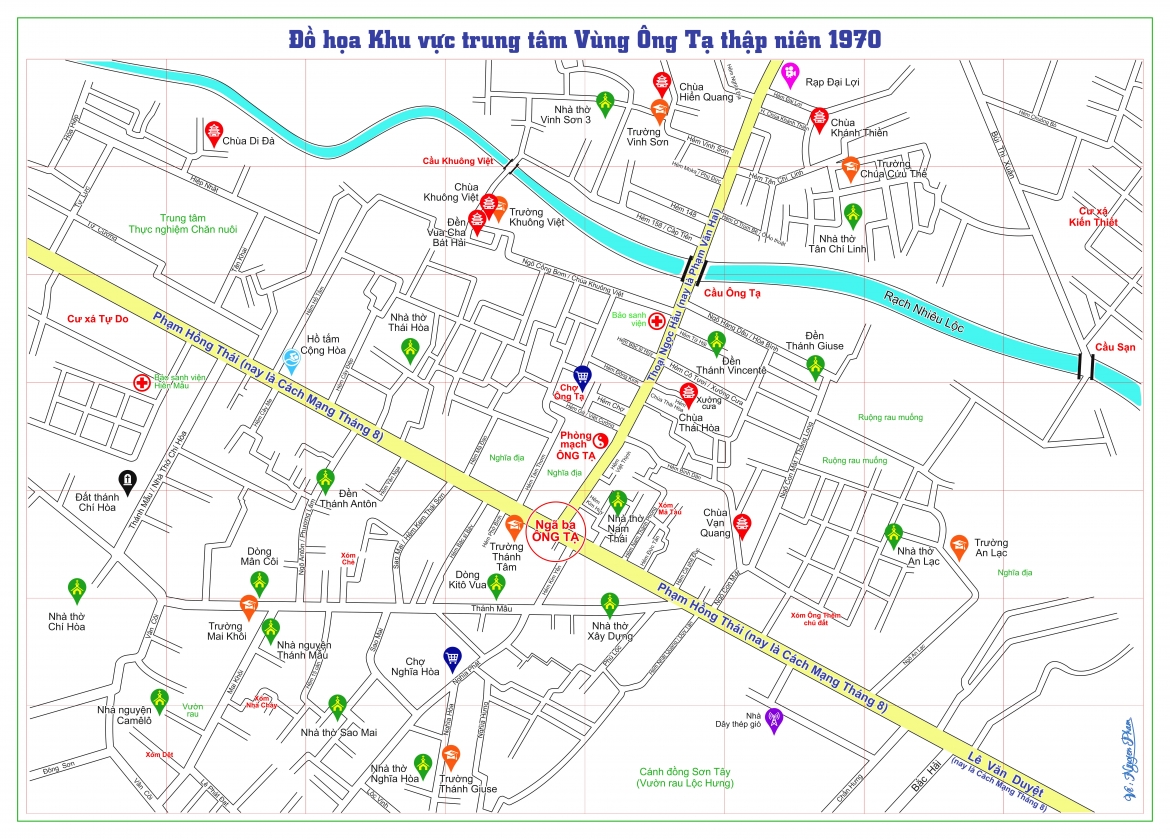 Đồ hoạ khu vực trung tâm vùng Ông Tạ thập niên 1970.