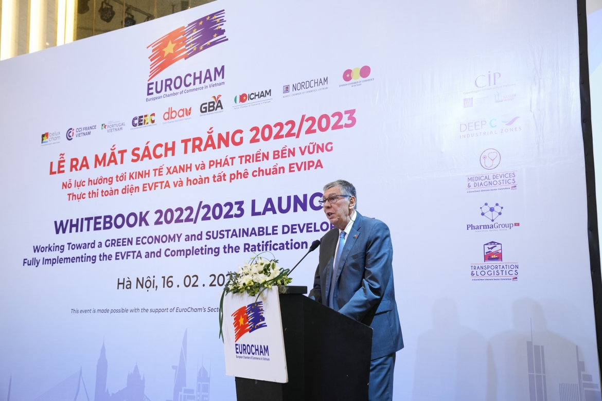 Chủ tịch EuroCham Alain Cany phát biểu tại Lễ ra mắt Sách Trắng 2023.