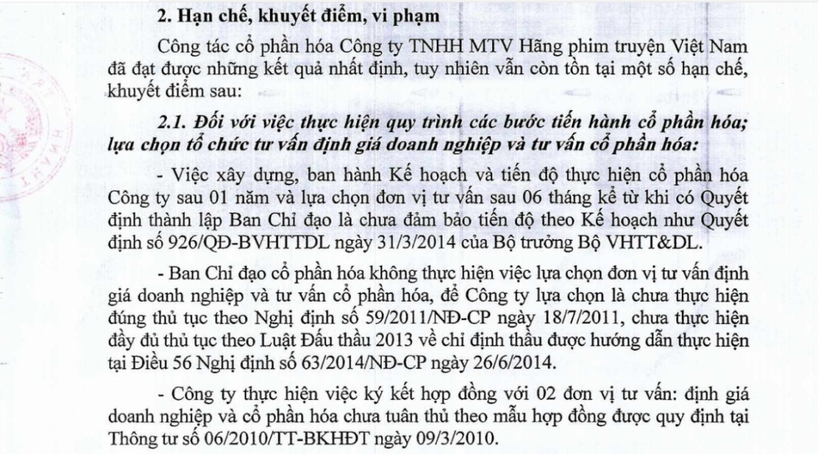 Kết luận thanh tra số số 1589/ TB-TCCP chỉ rõ những hạn chế, khuyết điểm trong công tác cổ phần hóa Hãng phim truyện Việt Nam