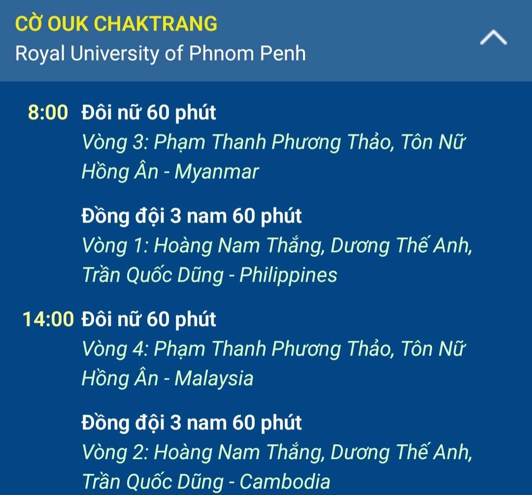 Danh sách các VĐV Việt Nam thi đấu môn cờ ốc hôm nay (1/5). 