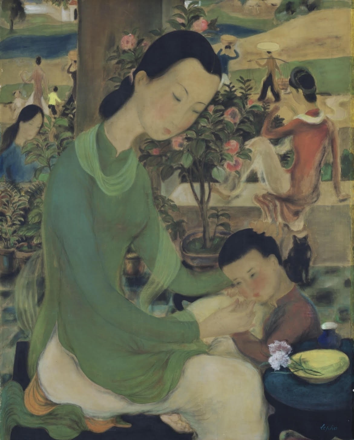 Bức Đời sống gia đình được Lê Phổ vẽ khoảng 1937 - 1939 bằng mực và bột màu trên lụa. Ảnh: Sotheby's.
