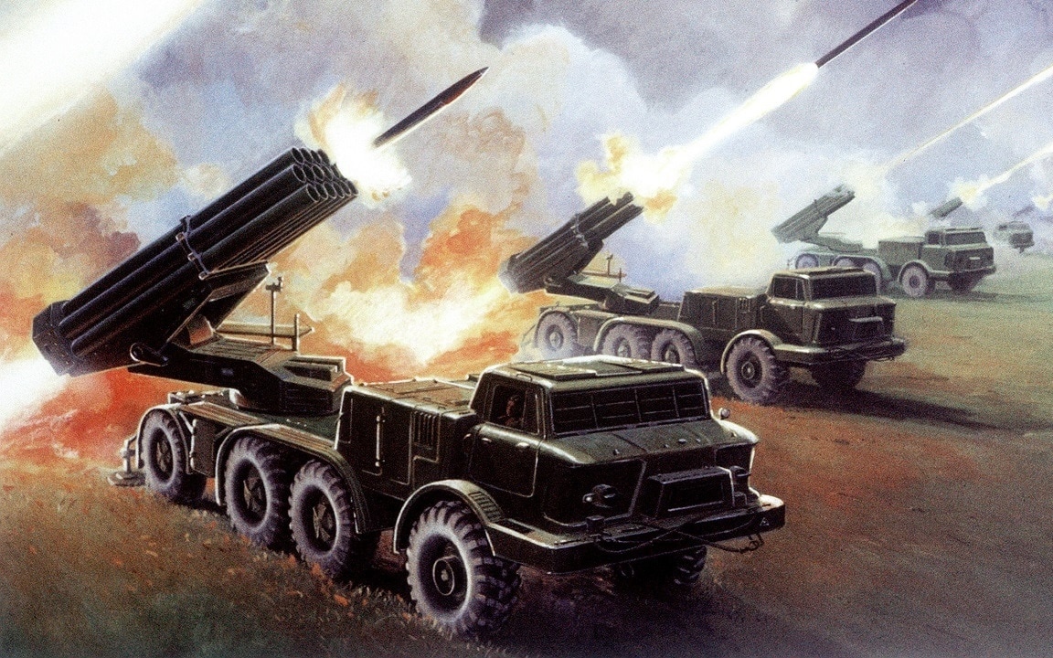 Pháo giàn Uragan khai hỏa. Tranh minh họa: Eurasian Times.