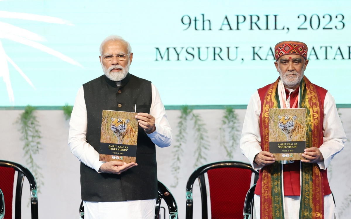 Thủ tướng Modi công bố “Tầm nhìn Amrit Kaal Ka về bảo tồn hổ” ở Karnataka hôm 9/4. Ảnh: Đại sứ quán Ấn Độ tại Hà Nội.