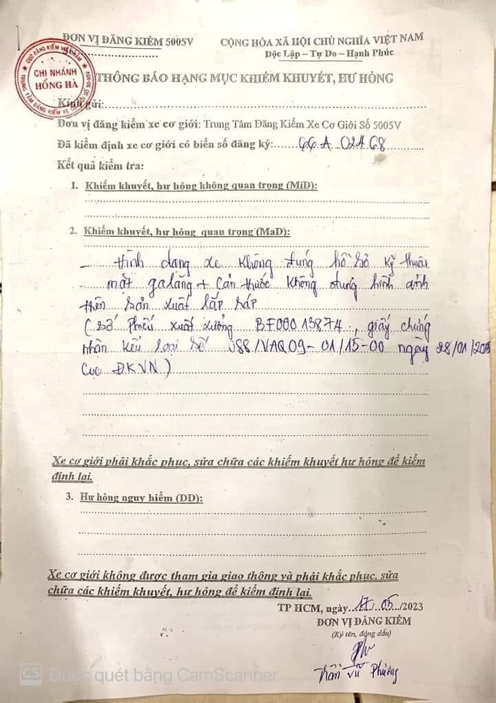 Văn bản kết luận của đăng kiểm viên từ chối kiểm định với các lý do như thế này