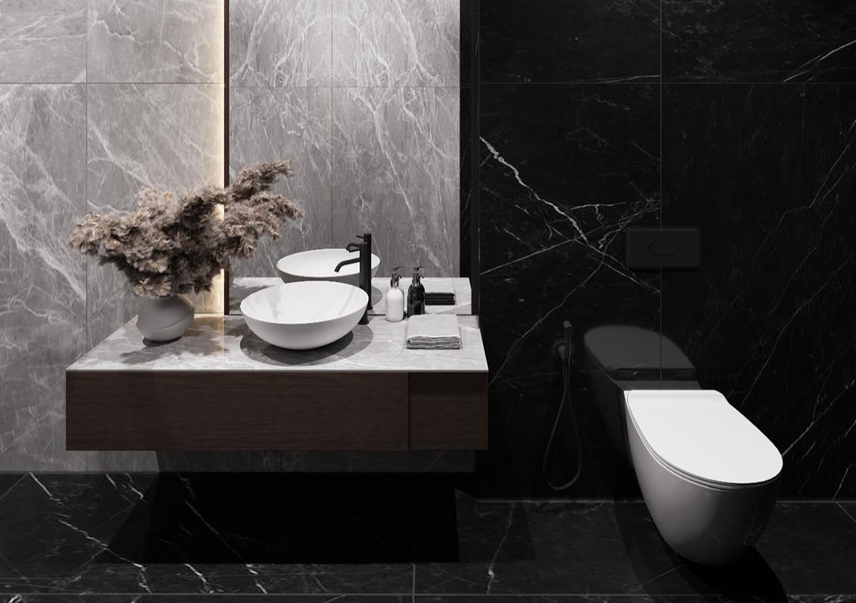 Gạch đá cẩm thạch màu xám tạo ra sự tương phản ánh sáng so với các vân đá màu đen của chúng.