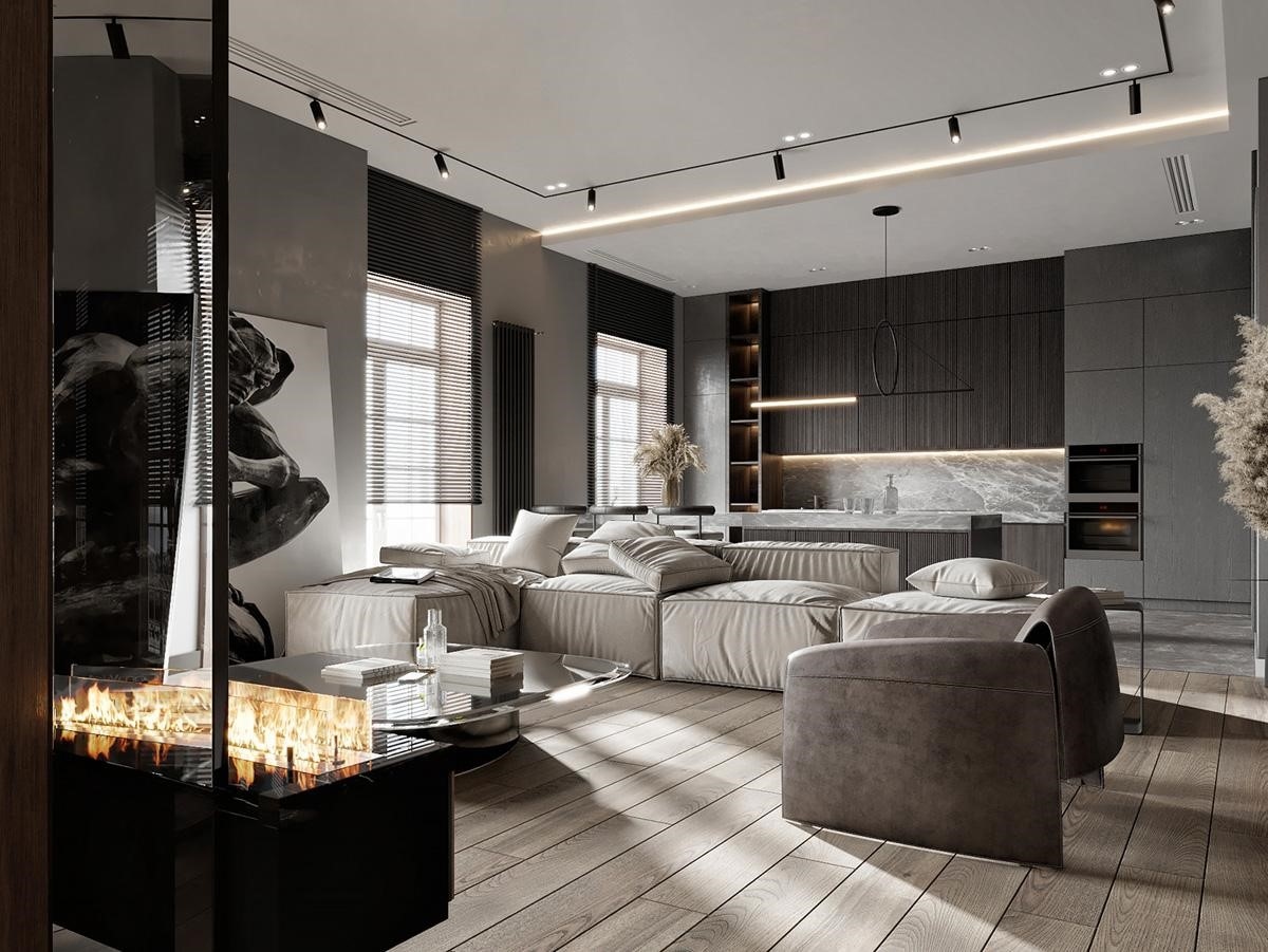 Dải đèn LED màu đen gắn xung quanh trần nhà giúp phân bố ánh sáng đồng đều cho căn phòng đồng thời như tạo điểm nhấn ở phía trên.