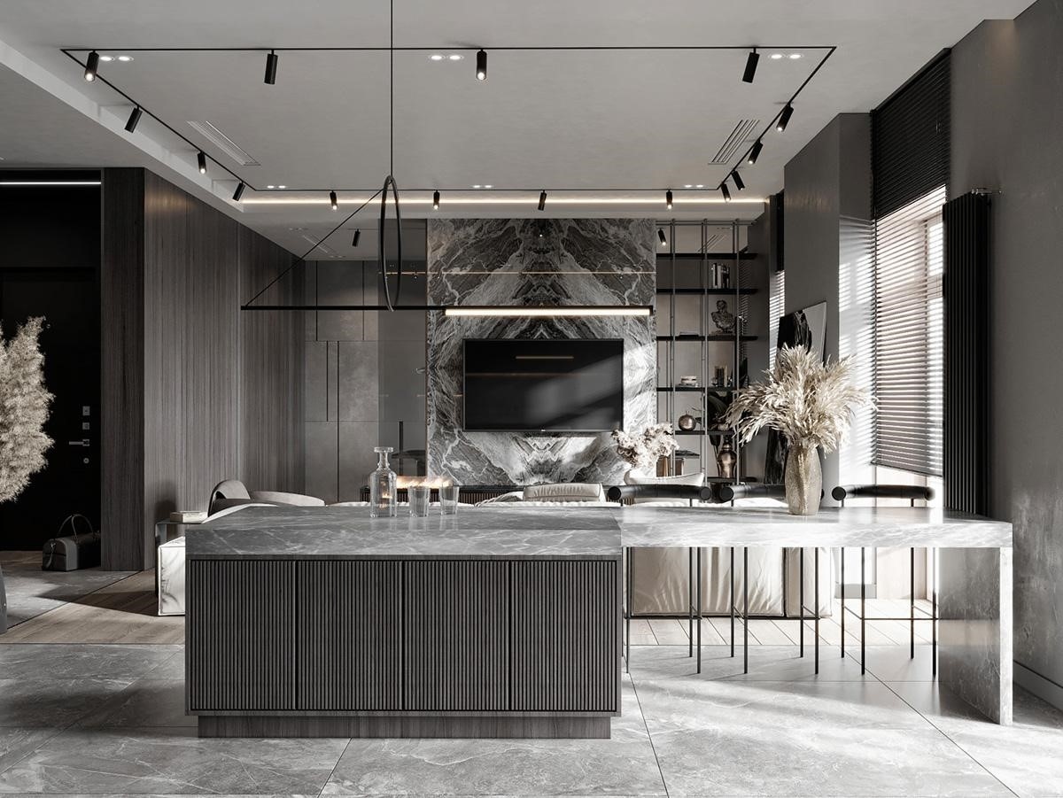 Chùm đèn màu đen trên bàn ăn được ốp đá cẩm thạch trắng - xám giúp không gian ăn uống trở nên lãng mạn hơn.