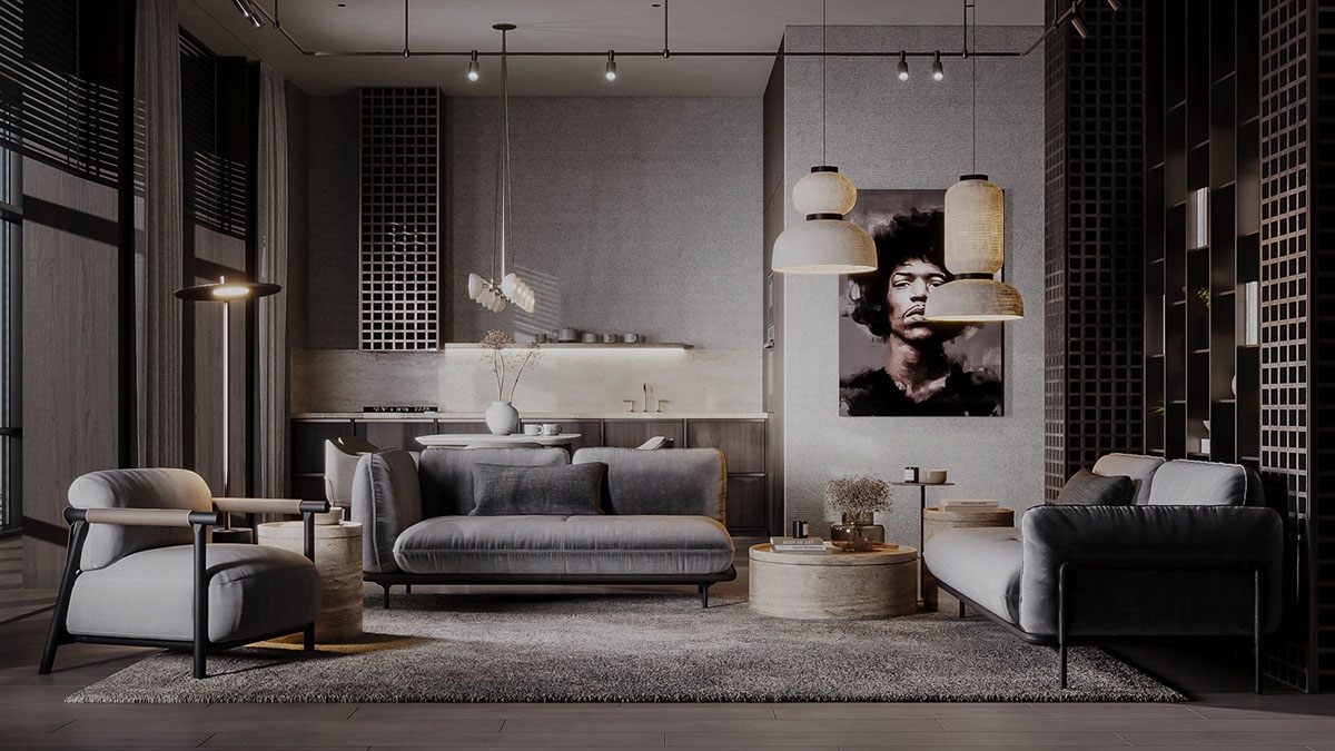 Trong phòng khách màu xám đậm này, có rất nhiều phong cách quyến rũ để thu hút ánh nhìn từ trong bóng tối. Những hình bóng mạnh mẽ được điểm xuyết đều đặn trong toàn bộ bố cục không gian mở.