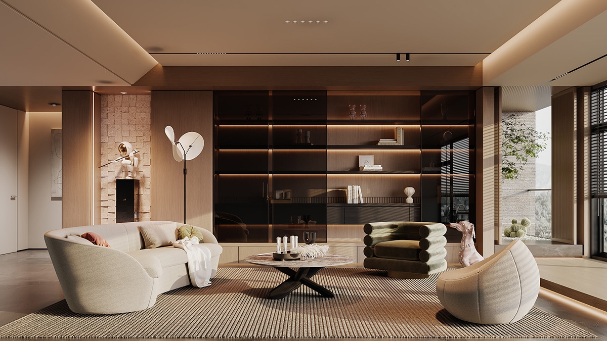 Thêm một phong cách vào bảng màu đất với các yếu tố thủy tinh tối, hun khói và ánh sáng theo tâm trạng của bầu không khí.