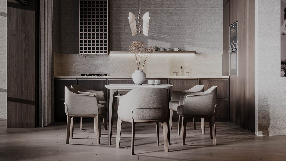 Một dòng duy nhất của kệ bếp mở và dải đèn LED tạo nên một bức tường nổi bật được chiếu sáng. Đèn kệ cũng cung cấp ánh sáng nhiệm vụ hữu ích trên bồn rửa nhà bếp.