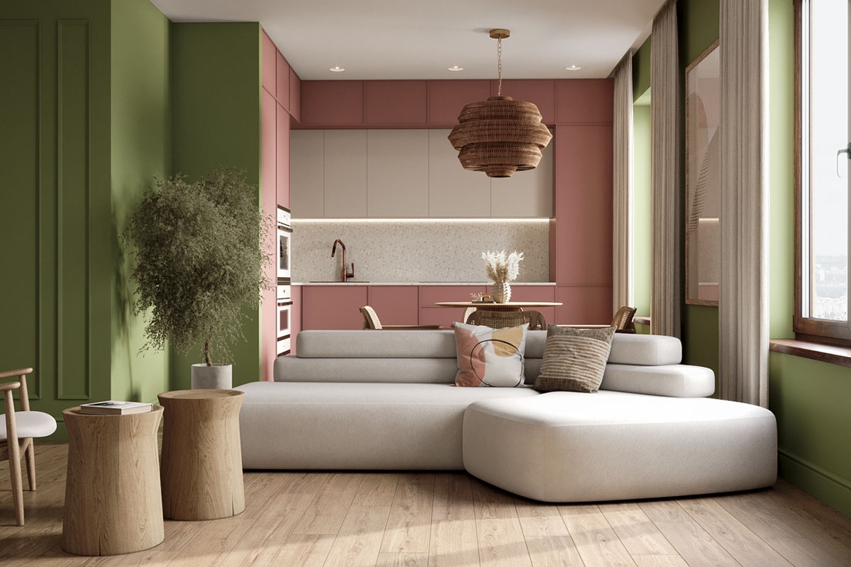 Một không gian sống màu hồng và xanh lá cây gợi lên một bầu không khí sôi nổi và vui vẻ, thúc đẩy cho gia chủ cảm giác vui vẻ, sáng tạo và lạc quan.