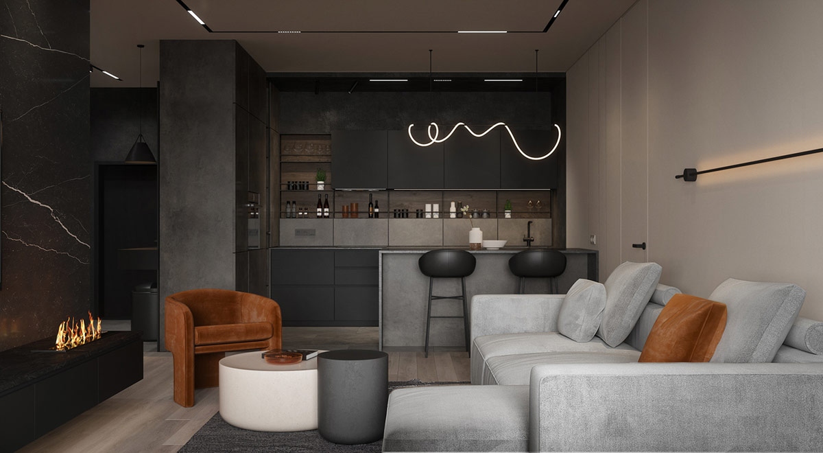 Một chiếc ghế dài màu nâu sang trọng bên lò sưởi hiện đại tạo nên một điểm thư giãn ấm cúng. Những chiếc đệm màu nâu phá vỡ lớp bọc ghế sofa màu xám.