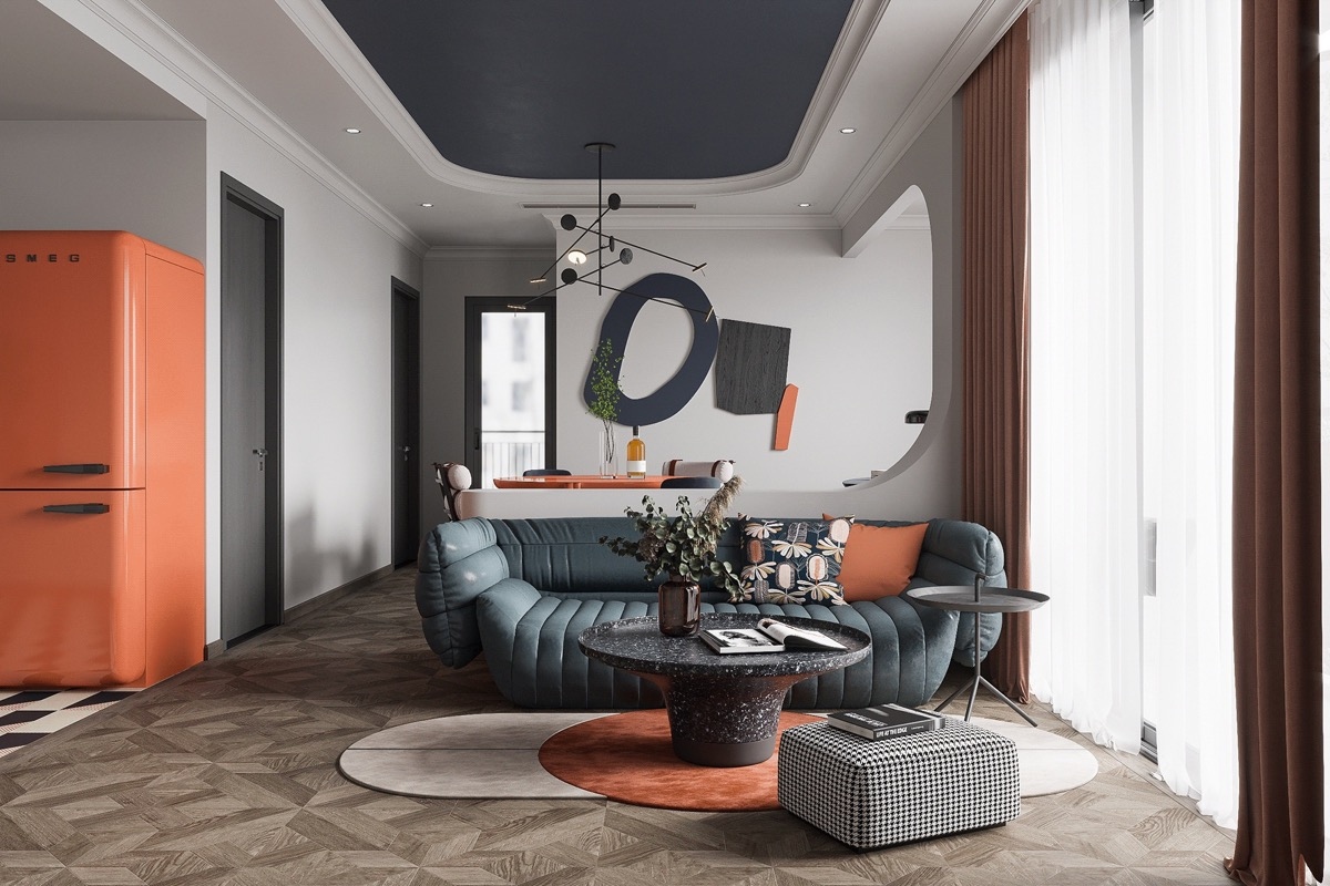 Đặt các yếu tố trang trí màu xanh xăng đậm, ủ rũ bên cạnh các điểm nhấn màu cam trung bình để tạo ra hào quang nội tâm với những luồng năng lượng và sự phấn khích.