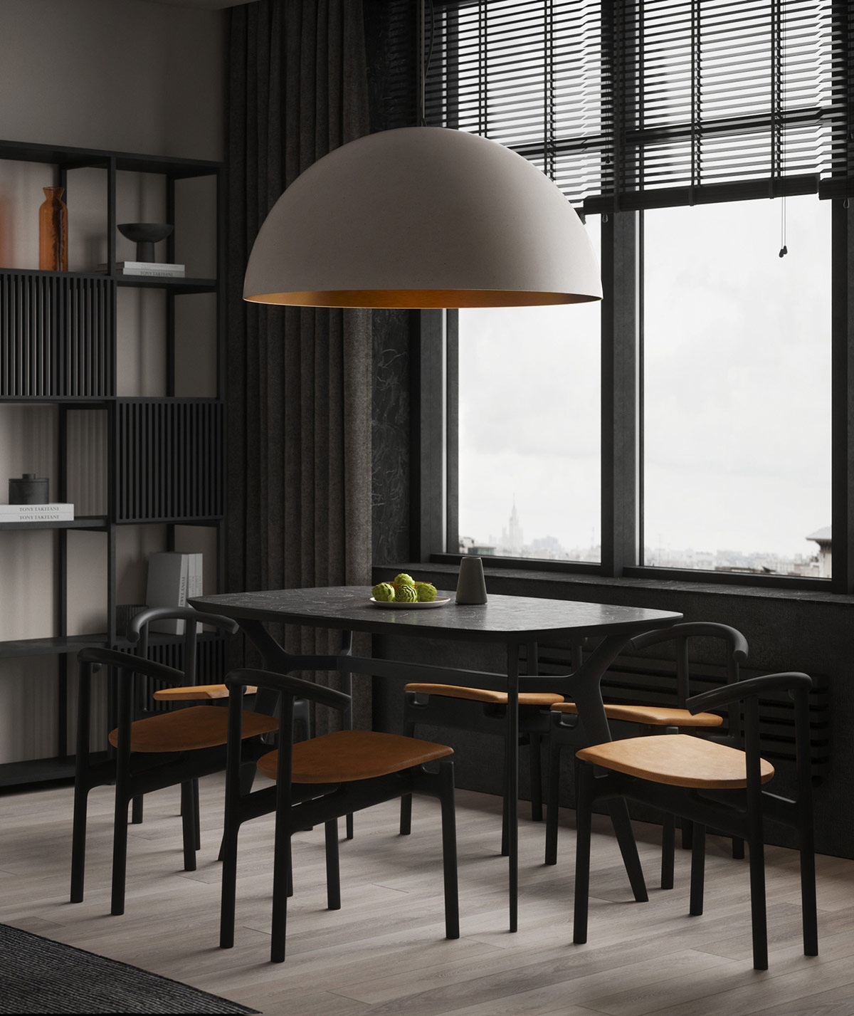 Một chiếc đèn treo bàn ăn quá khổ tạo nên một tuyên bố lớn.